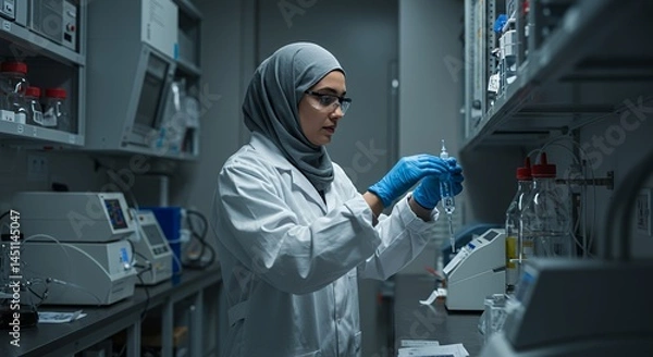 Fototapeta A Female Scientist in a Modern Lab Conducting Research