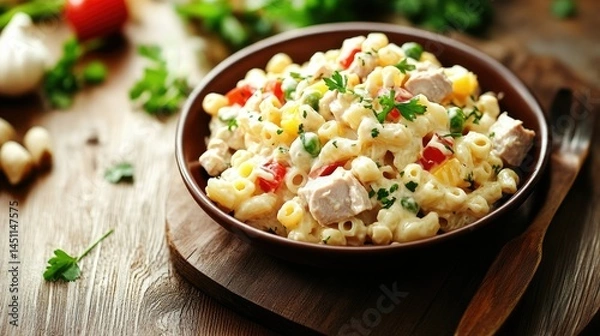 Fototapeta A creamy, colorful macaroni salad with tuna and mixed vegetables, plated beautifully on a wooden table.
