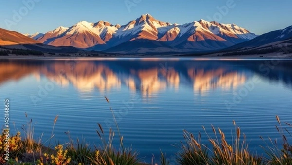 Obraz Serene reflection of snow-capped mountains over tranquil lake at sunrise nature photography majestic landscape peaceful environment