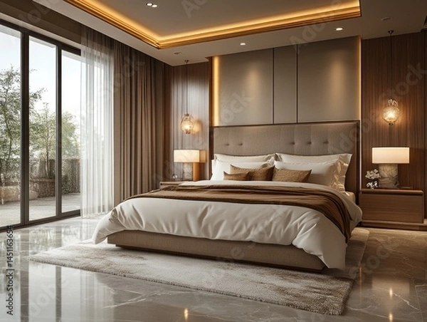 Obraz Luxurious modern bedroom suite overlooking balcony