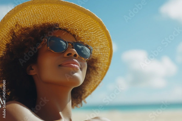 Fototapeta Afro American girl enjoying a day at the beach in the summer.