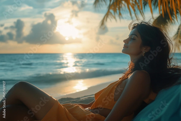 Fototapeta Indian girl relaxing on the beach on a summer afternoon