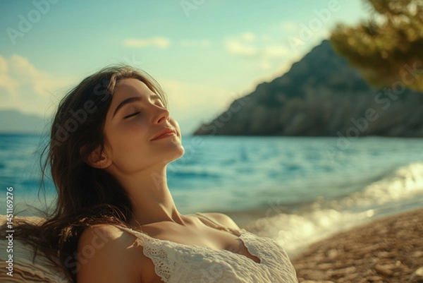 Fototapeta Young girl enjoying summer on a Mediterranean beach