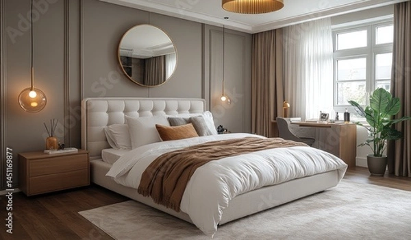 Fototapeta Modern bedroom interior design, calm atmosphere, large bed, home office