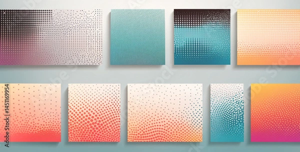 Fototapeta Here is a collage of abstract backgrounds in various shapes and gradients. These abstract designs are colorful and have halftone dot patterns.