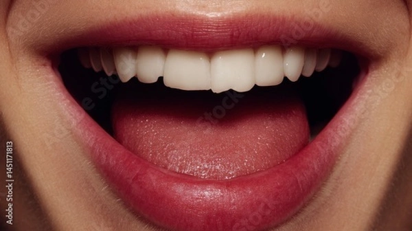 Fototapeta Close-up shot of a smiling mouth showing bright white teeth and a slightly protruding tongue, highlighting the glossy, well-defined lips with a natural pink hue. The focus is on the dental features, c