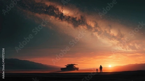 Fototapeta A breathtaking sci-fi landscape featuring a vast desert at dusk with two silhouetted figures standing in the foreground. In the background, a futuristic spacecraft is partially visible, with brilliant