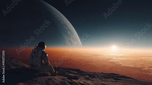 Fototapeta An astronaut sitting on a rocky surface, gazing at a distant planet and a rising sun in the horizon, showcasing a stunning cosmic landscape filled with ethereal colors and textures. The tranquil atmos