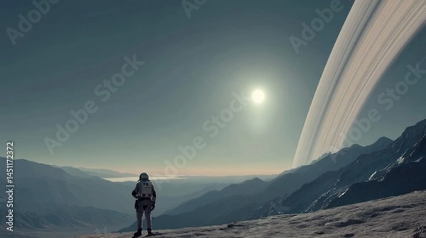 Fototapeta An astronaut stands on a rocky surface overlooking a distant landscape under a vast sky, where a large ringed planet is prominently featured against a backdrop of soft sunlight. The terrain is rugged 
