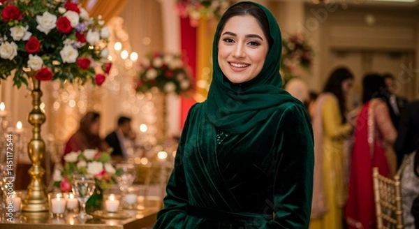Fototapeta Elegant Woman in Emerald Green Velvet Abaya at a Luxurious Wedding Reception