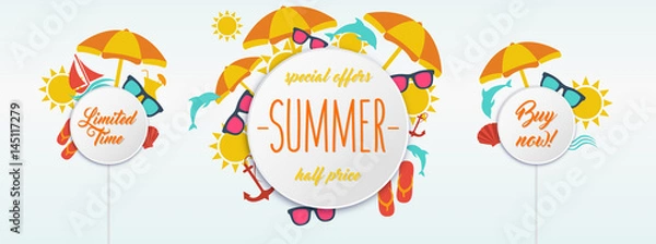 Obraz Summer sales, special offers banner with summer icons