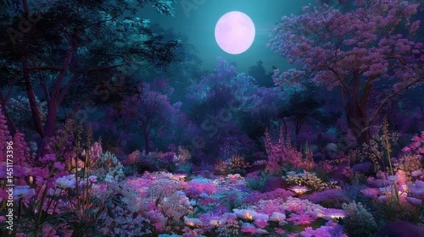Fototapeta A vibrant and enchanting night scene depicting a magical forest bathed in hues of purple and pink. The landscape is filled with blooming flowers, lush vegetation, and towering trees illuminated by the