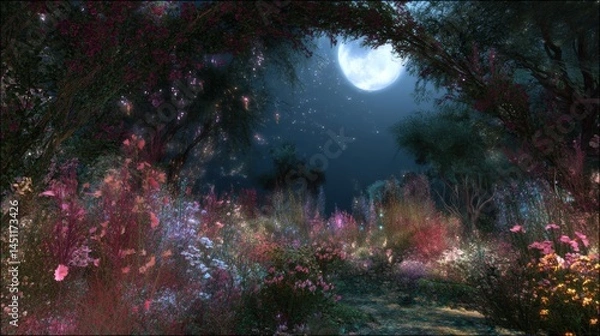 Fototapeta A serene and enchanting night scene depicting a lush, vibrant forest filled with colorful wildflowers under a starry sky. The moon casts a gentle glow over the landscape, illuminating the myriad of fl