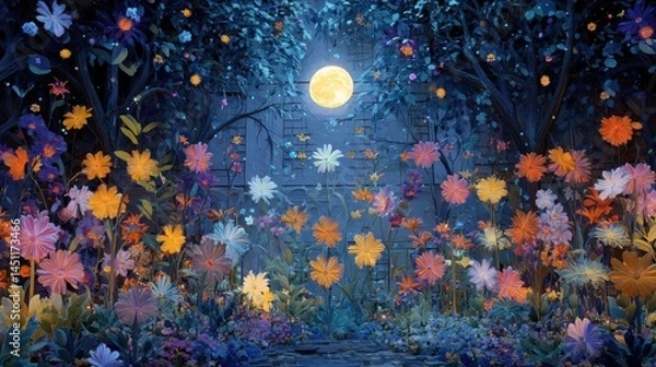 Fototapeta A vibrant and colorful garden scene illuminated by a glowing full moon, featuring an array of surreal, oversized flowers in various shades of orange, pink, blue, and purple. Rich foliage surrounds the