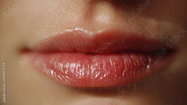 Fototapeta Close-up view of glossy, well-defined lips with a natural pink tone, showcasing a smooth texture and subtle shine, highlighting the beauty and care of lip cosmetics.