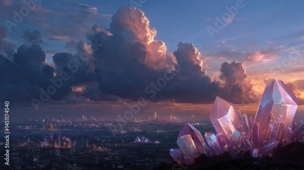 Fototapeta A breathtaking digital landscape featuring large, vibrant, crystal formations in the foreground, set against a dramatic sky filled with colorful clouds at sunset. The background showcases a sprawling 