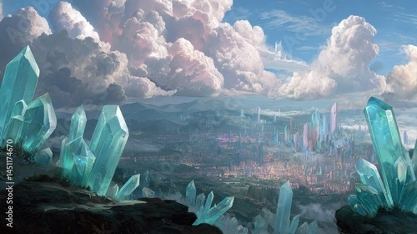 Fototapeta A breathtaking view of a fantasy landscape featuring towering, vibrant crystals in various shades of blue and emerald. The foreground showcases sparkling crystal formations protruding from rocky terra
