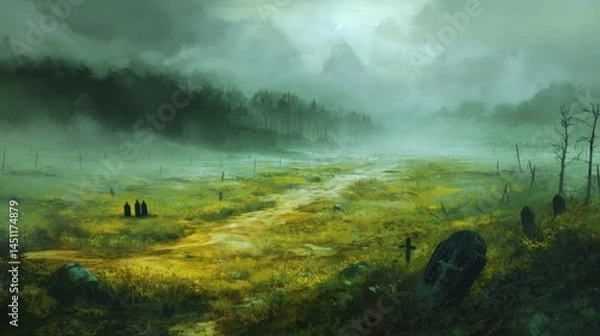Fototapeta A haunting landscape shrouded in fog and mystery, featuring a winding dirt path that stretches through a field adorned with wildflowers and gravestones. In the foreground, three cloaked figures stand 