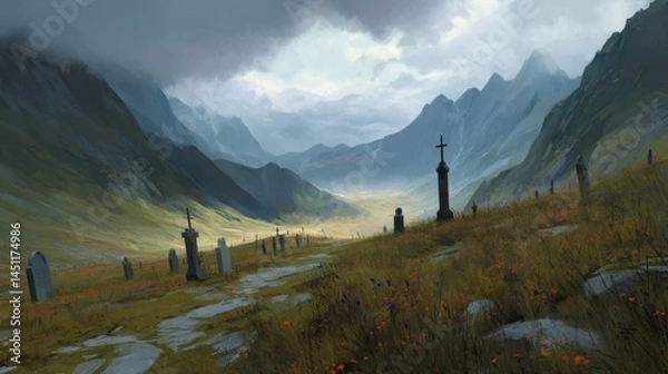 Fototapeta A serene, atmospheric landscape featuring a winding path leading through a graveyard amidst rolling hills and towering mountains. Graves with crosses are scattered throughout the foreground, surrounde
