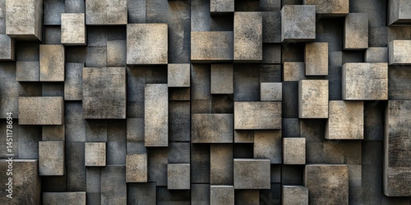 Fototapeta Close-up of a textured wall made of numerous concrete cubes arranged in a complex geometric pattern with varying sizes and shades creating a modern industrial aesthetic