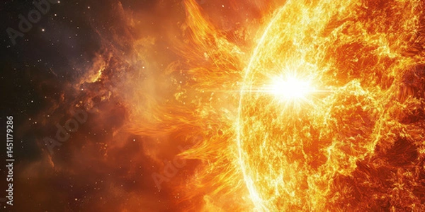 Fototapeta Magnificent and detailed view of a luminous fiery sun emitting intense heat and radiant energy into space with vibrant orange and yellow flames surrounding the bright core