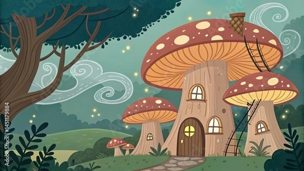 Fototapeta Vector style treehouse village built in giant mushrooms.