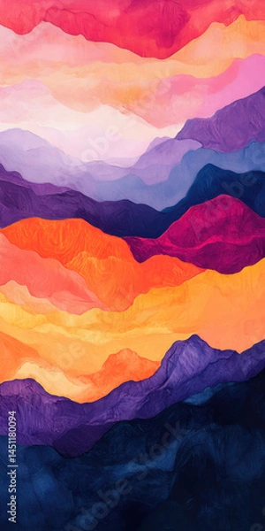Fototapeta Vibrant abstract watercolor landscape painting with colorful mountain ranges and layered hues in warm and cool tones for creative artistic decor