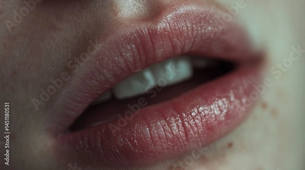 Fototapeta Close-up of a pair of slightly parted, glossy lips, showcasing a soft, natural pink hue. The focus is on the texture of the lips, with visible details such as subtle moisture and the contours of the m