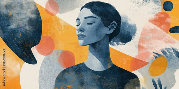 Fototapeta Artistic digital illustration of a serene young woman with closed eyes and calm expression surrounded by colorful abstract shapes and patterns with textured background