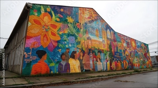 Fototapeta A vibrant mural spreads across the side of a building, featuring colorful flowers and a variety of human figures in diverse poses and expressions. The mural displays a rich palette with bright hues of