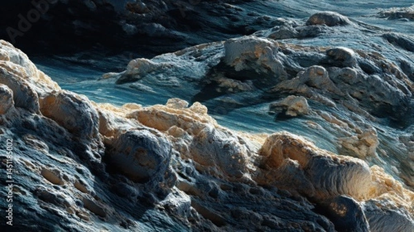 Fototapeta An abstract close-up image depicting rugged, textured surfaces resembling otherworldly terrain. The scene features a variety of colors with cool blues, shades of tan, and hints of white, creating a su