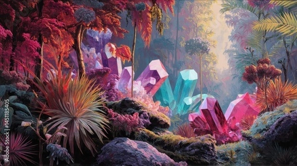 Fototapeta An enchanting fantasy landscape featuring large, vibrant crystals in various shades of pink, blue, and green, amidst lush ferns and tropical plants. The scene is illuminated by soft, ethereal lighting