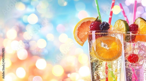 Obraz Refreshing sparkling drinks with vibrant fruits and colorful straws create festive atmosphere perfect for summer celebrations