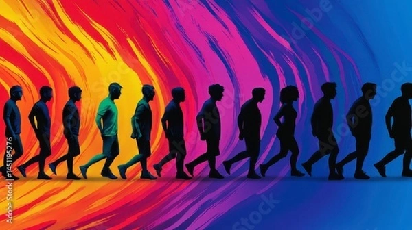 Fototapeta A vibrant depiction of human evolution showcasing silhouettes walking against a colorful abstract background