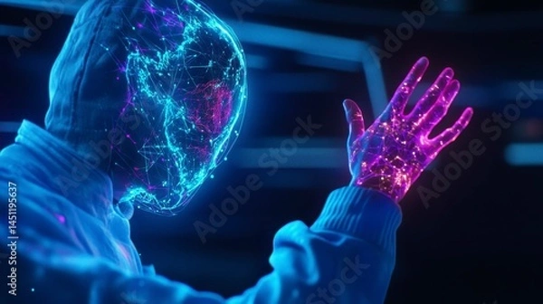 Obraz A futuristic humanoid figure with a glowing, digital face and hand engaging in a virtual interaction, showcasing advanced technology