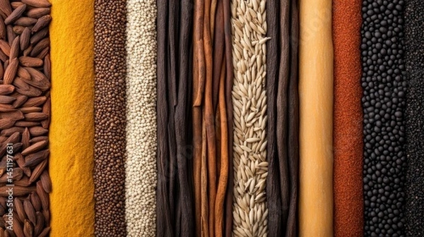 Fototapeta A vibrant array of spices and seeds elegantly displayed in various textures and colors, showcasing culinary diversity and richness in flavor