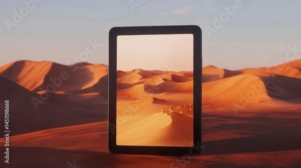 Obraz A surreal digital tablet reflecting a vast desert landscape, merging technology and nature in a striking visual contrast.