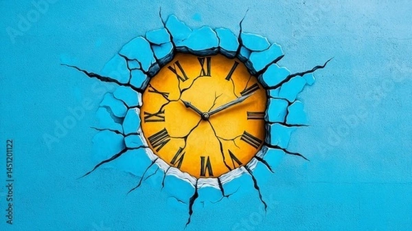 Obraz A vibrant wall clock art piece bursting through a cracked blue wall, illustrating the passage of time and creative expression.