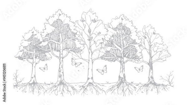 Fototapeta Hand drawn sketch illustration of tree and plants
