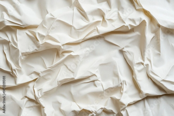 Fototapeta Close-up of Crumpled White Fabric Texture, Soft Wrinkles and Folds