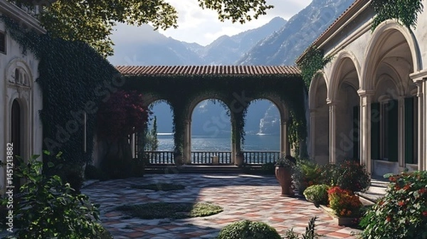 Fototapeta Serene Italian Villa Courtyard with Stunning Lake and Mountain Views