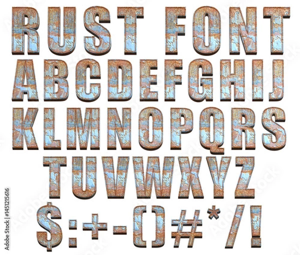 Fototapeta rust font with uppercase alphabet letters and signs 