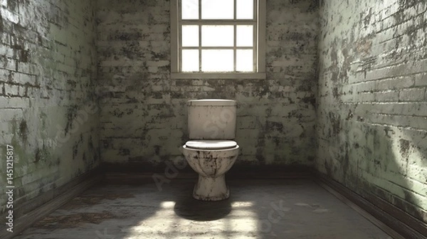 Fototapeta Solitary Confinement: A Desolate Toilet in a Decaying Brick Room