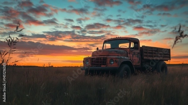 Fototapeta Rustic Sunset: A Vintage Truck in a Serene Field