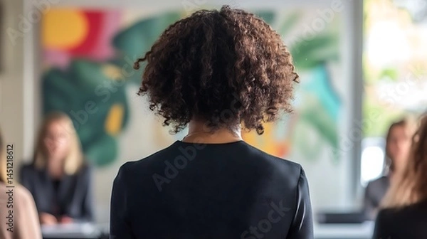 Fototapeta A Woman's Back, Addressing an Audience in a Modern Office Setting