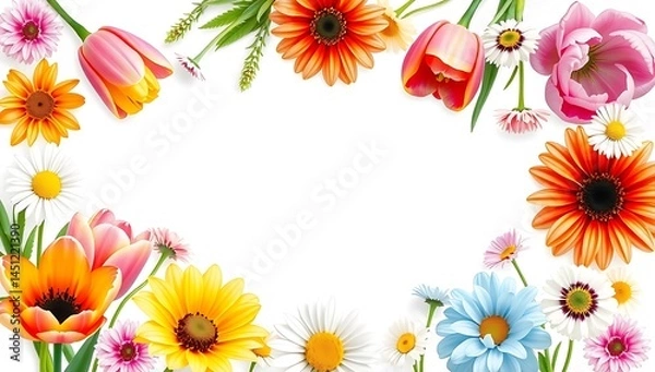 Fototapeta Bright Watercolor Tulip and Daisy Frame 