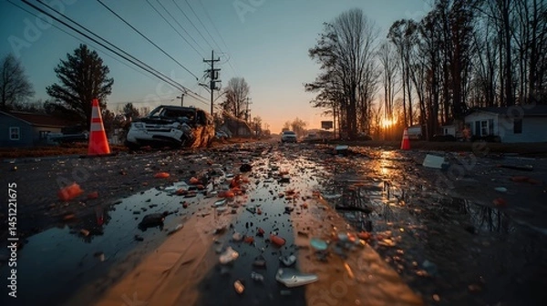 Fototapeta Scattered Vehicle Wreckage Littering Asphalt After Crash: Gritty Post-Accident Scene Highlighting Road Safety Concerns