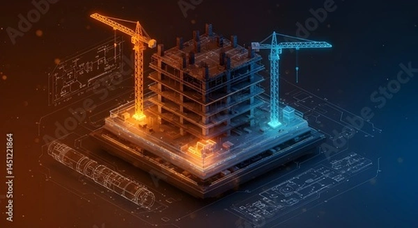 Fototapeta Futuristic 3D Architectural Rendering of Building Under Construction with Holographic Blueprint