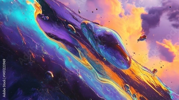 Fototapeta Abstract liquid form with iridescent colors,  moving through a vibrant sunset sky.  A smooth, reflective, bubble-like object floats amidst the swirling liquid