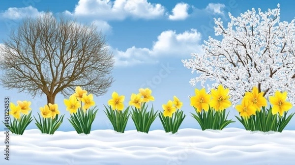 Fototapeta Spring arrives, with snow melting, daffodils blooming, and trees changing